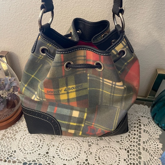 Dooney & Bourke coated cotton large drawstring bag w/ leather trim, used - Picture 2 of 12